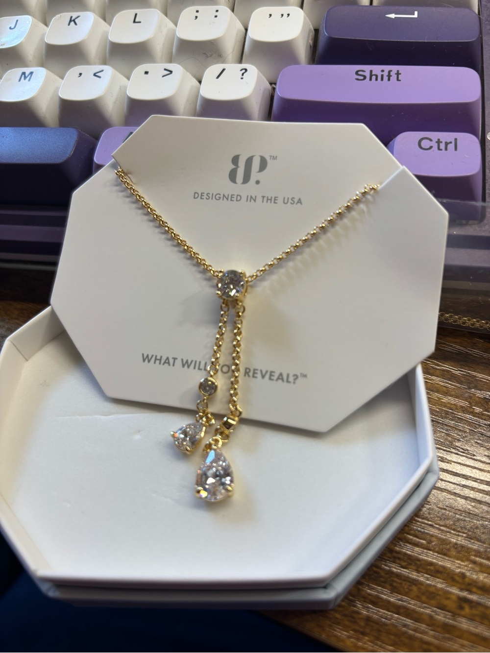 Gold Drop Lariat Necklace with Clear Crystal Accents